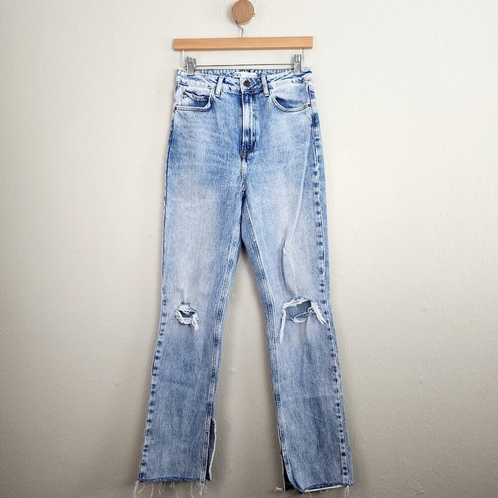 Zara High Waisted Distressed Split Hem Straight Leg Jeans Blue Denim 4